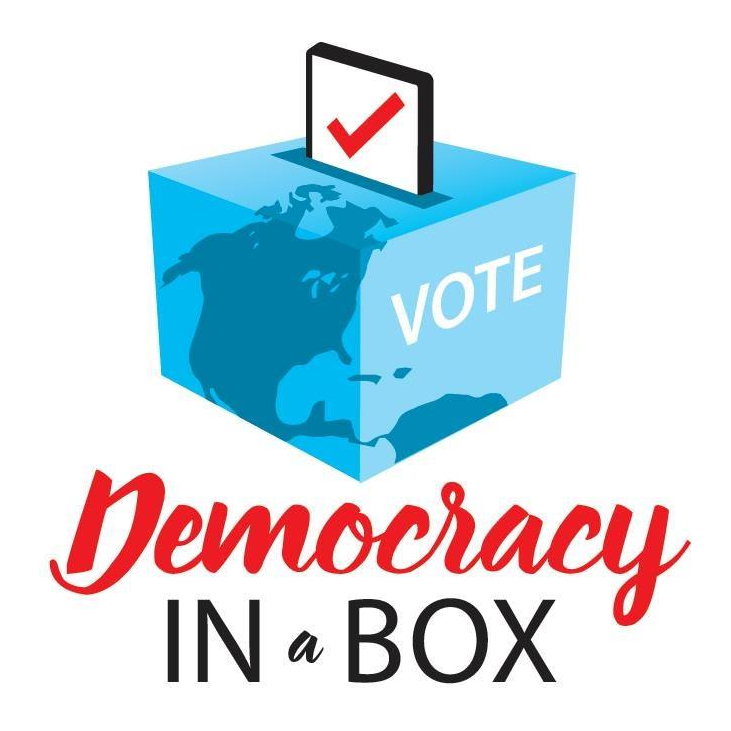 Democracy In A Box logo: a blue ballot box printed with a world map, a checked ballot going in, and the word VOTE